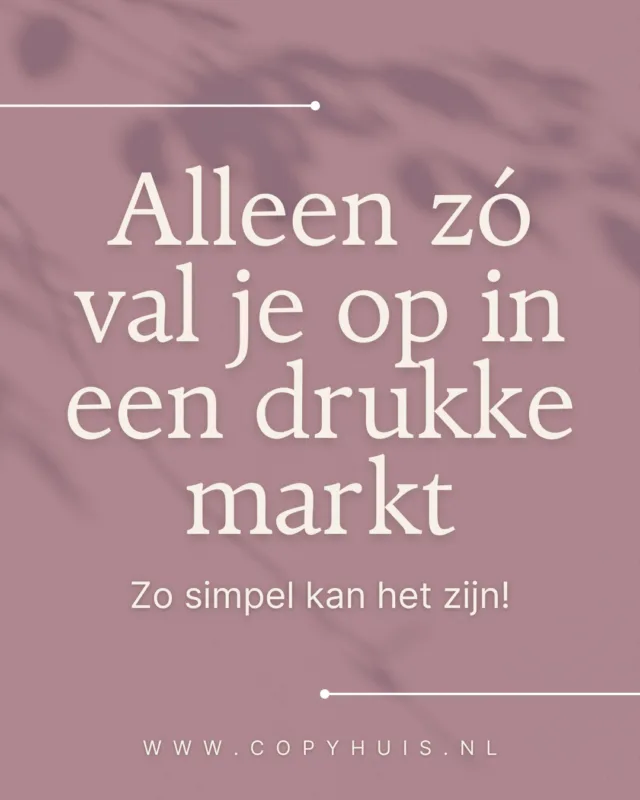 Ik wil jou helpen om ✨ zichtbaar ✨ te zijn.

Maar zichtbaarheid alleen is niet genoeg. In een drukke markt moet je opvallen.

Je hebt hard gewerkt, content gedeeld, je website geoptimaliseerd, maar toch blijven de juiste klanten uit. En dat is frustrerend, want je weet dat je iets waardevols te bieden hebt.

De waarheid is hard: Zichtbaarheid is geen garantie. In een zee van concurrentie moet je echt de juiste mensen bereiken.

Maar hoe zorg je ervoor dat jij opvalt? 👀

Simpel: doe het anders. In plaats van jezelf te verkopen zoals iedereen, vertel je jouw verhaal. Wat maakt jou uniek? Wat drijft jou? 
Door dat consistent in je #marketing te verwerken, maak je je merk onmiskenbaar. Klanten herkennen het en willen zich ermee verbinden.

Mijn drive is om jou te helpen die #zichtbaarheid te krijgen, door jouw verhaal op de juiste manier te vertellen. Want ik geloof in de kracht van authentieke #communicatie en de impact van echte verhalen. 

Dat is hoe je opvalt in de massa en klanten aantrekt die niet alleen kopen, maar zich ook echt verbinden met je merk 🤝

Hoe ga jij het anders aanpakken in 2025?